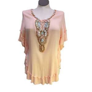 Azara Paris Womens Pink Gauze Beaded Beach Tunic Batwing Sleeve Ruffle Lagenlook